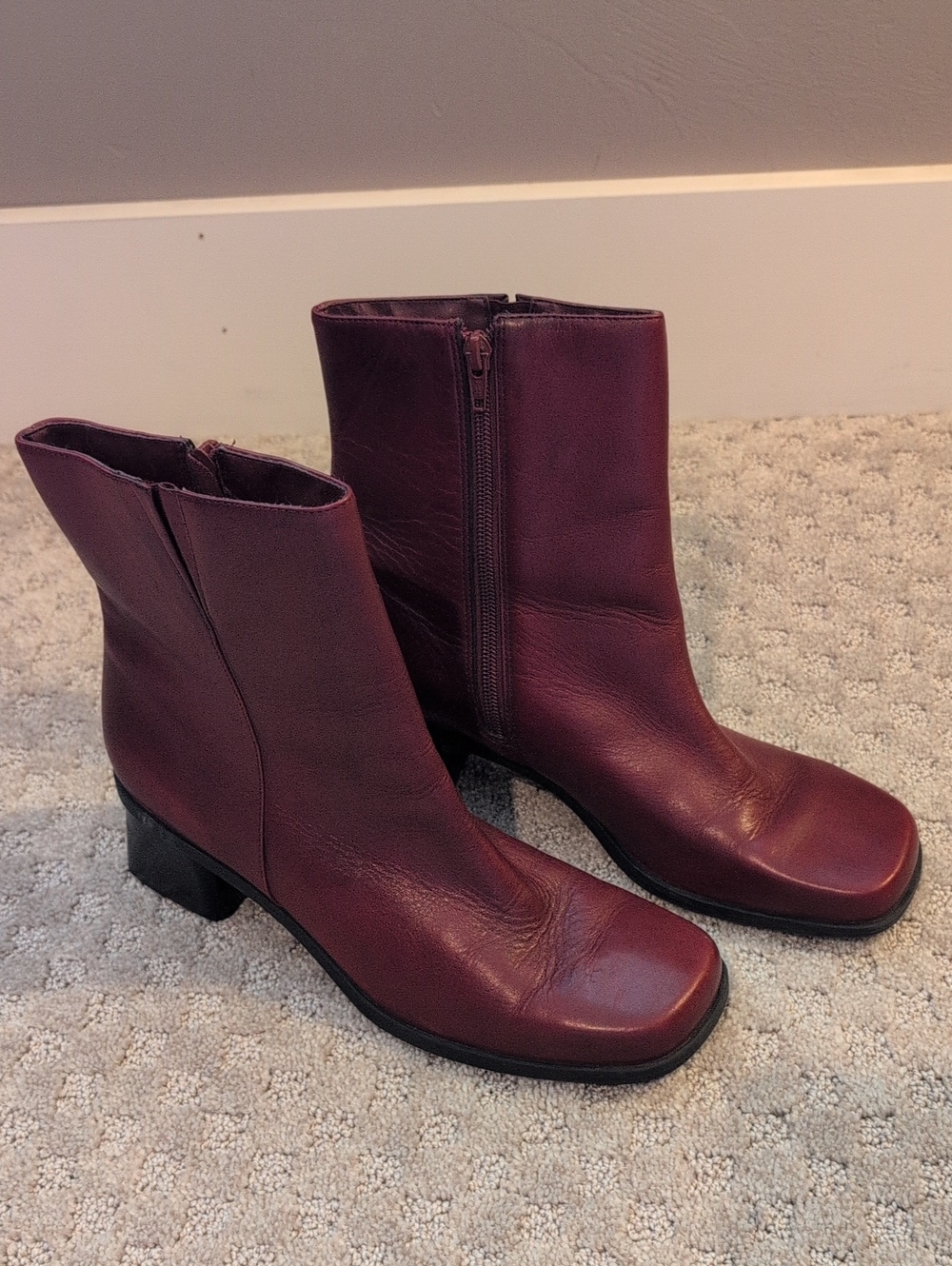 Vintage Cherry Red Square Toe Leather Y2K Boots
